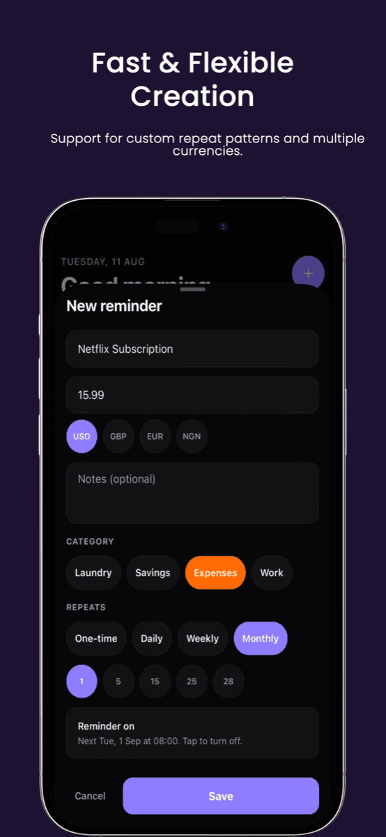 Tendere — fast and flexible reminder creation
